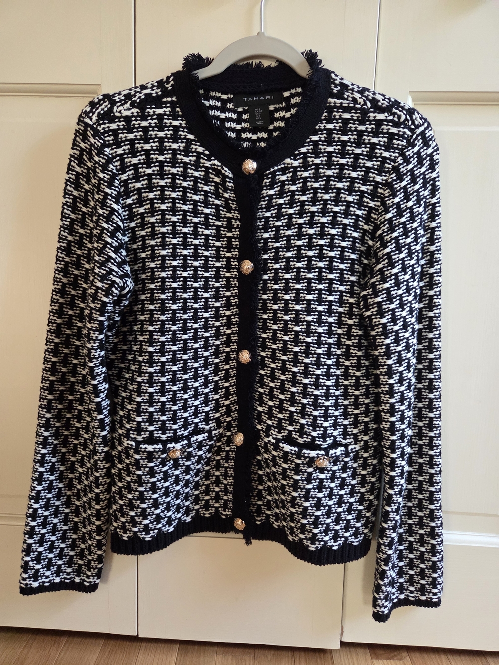 Tahari Black and White Houndstooth Button-Front Cardigan